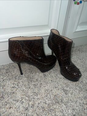 Yves Saint Laurent Brown Croc-Embossed Patent Leather Ankle Booties